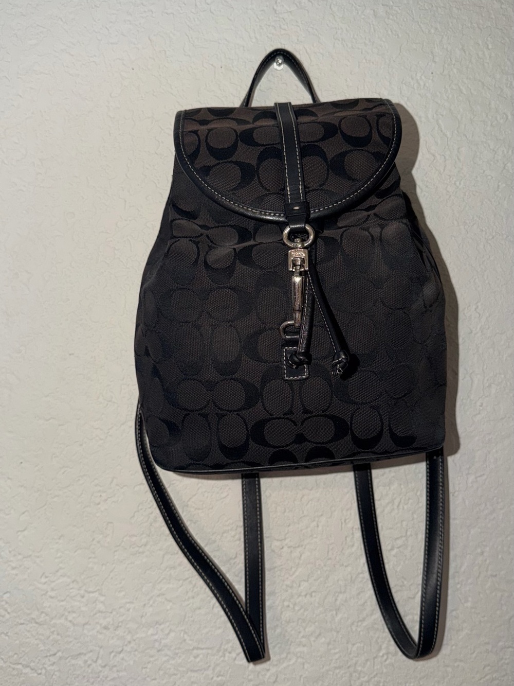 Vintage Coach Black Signature Canvas Drawstring Backpack with Leather Trim